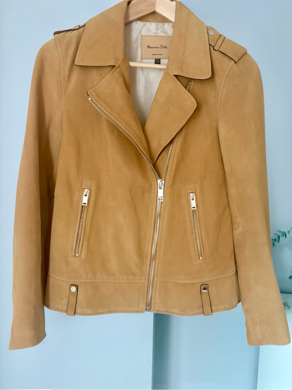 Massimo Dutti Suede Moto Jacket Camel Tan Biker Silver Hardware Size XS